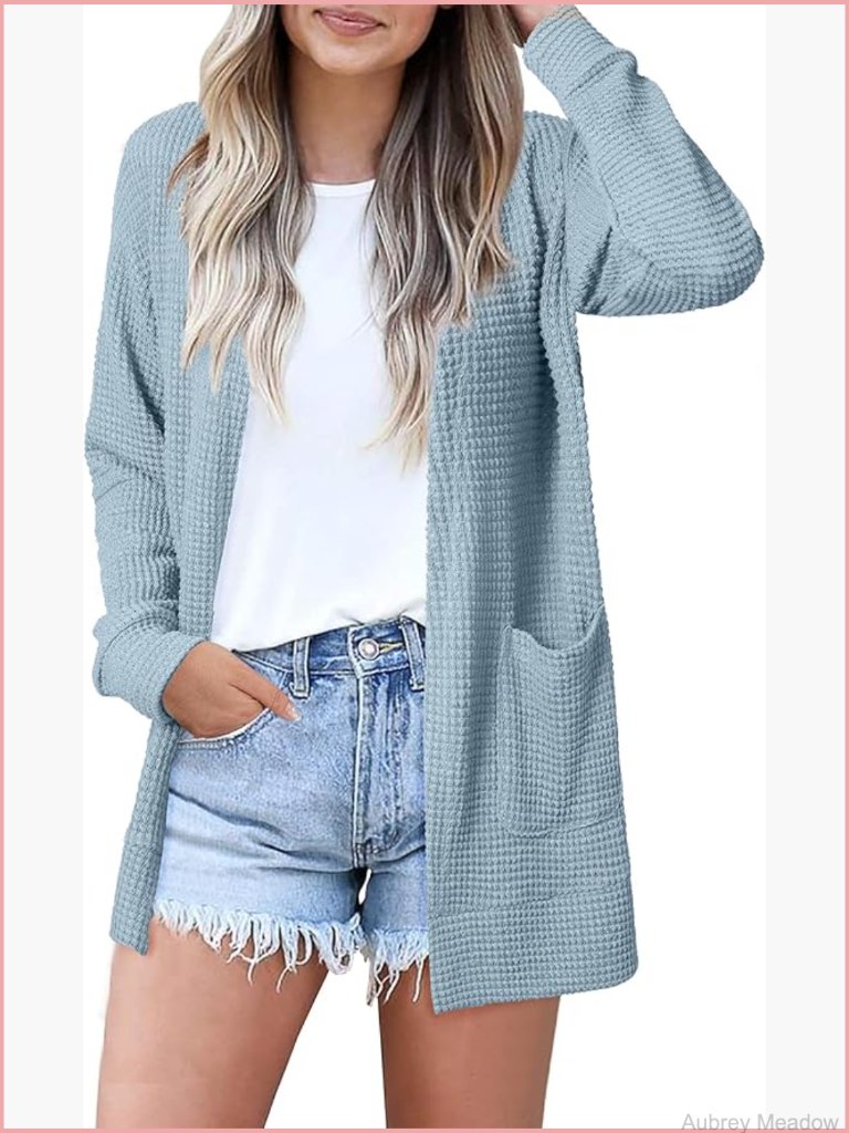 Lightweight Open Front Knit Cardigan With Pockets Long Sleeve Casual Beach